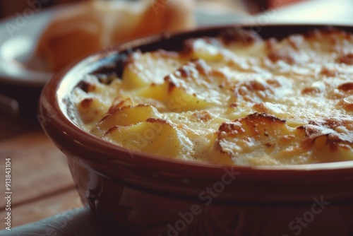 A close-up of a golden-brown baked dish, with bubbling cheese on top, emanating warmth and a mouth-watering aroma of home-cooked comfort food.