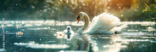 Beautiful, majestic swan with his little bird on the pond. Creative banner. Copyspace image photo