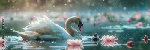 Beautiful, majestic swan with his little bird on the pond. Creative banner. Copyspace image photo