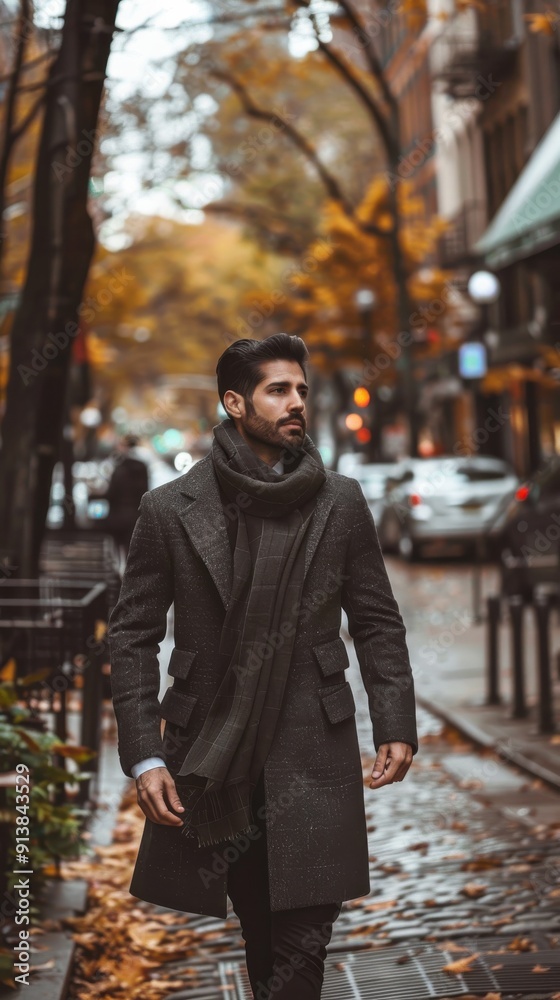 A man with a beard walks down a city street during autumn. He is wearing a dark coat and a scarf. The trees lining the street are bare and covered in yellow and orange leaves. The ground is covered wi A man with a beard walks down a city street during autumn. He is wearing a dark coat and a scarf. The trees lining the street are bare and covered in yellow and orange leaves. The ground is covered wi
