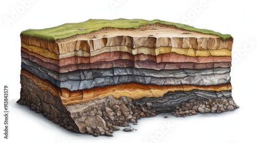 A geological cross-section showing layers of sedimentary rock, illustrating the history of the Earth's surface and the processes that shape its landscape.