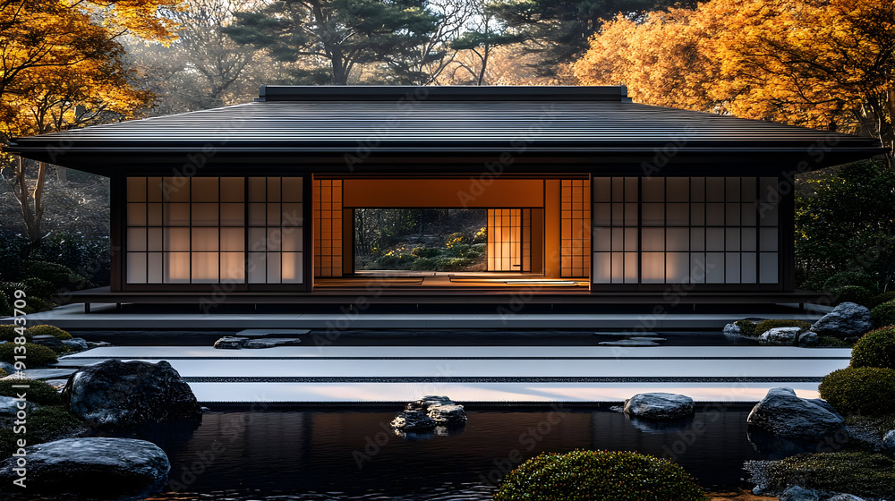 Traditional Japanese house with pond and garden. Traditional Japanese house with pond and garden.