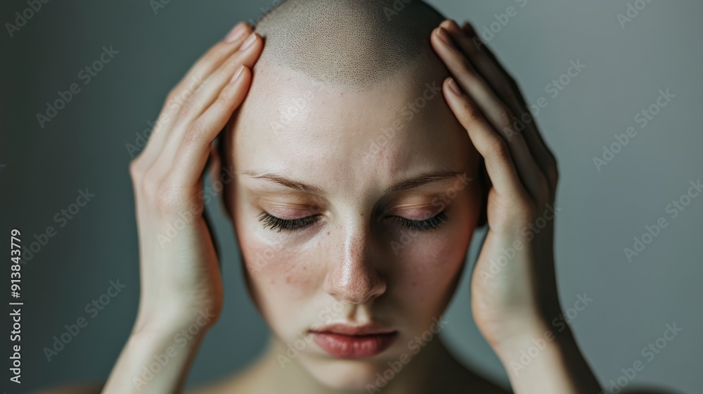 Young Woman with Shaved Head Holding Her Head in Her Hands Young Woman with Shaved Head Holding Her Head in Her Hands