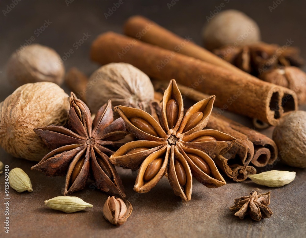 Close-Up of Star Anise, Cinnamon Sticks, and Nutmeg Close-Up of Star Anise, Cinnamon Sticks, and Nutmeg