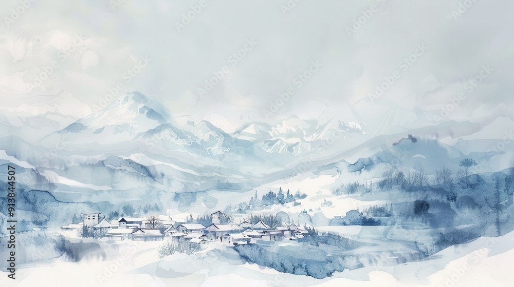 A watercolor painting depicts a snow-covered village nestled in the foothills of a mountain range. The village is small and intimate, with a few houses and trees visible. The mountains are large and i A watercolor painting depicts a snow-covered village nestled in the foothills of a mountain range. The village is small and intimate, with a few houses and trees visible. The mountains are large and i