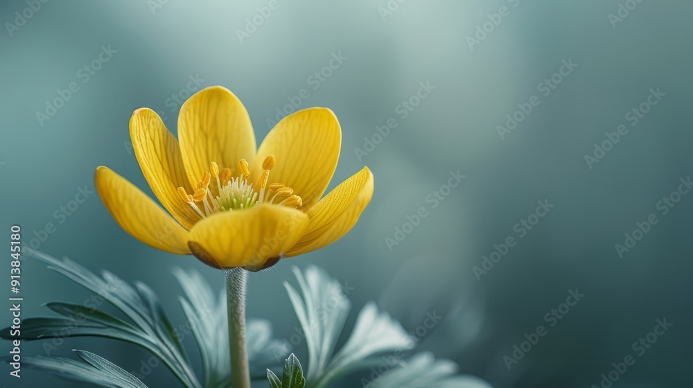 Fototapeta premium A yellow flower, focused closely, atop a green plant Background softly blurred