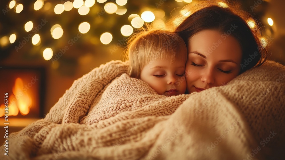 Cozy Winter Evening - Mother and Child Cuddling Under Blanket by Fireplace with Warm Glow, Family Love and Togetherness Cozy Winter Evening - Mother and Child Cuddling Under Blanket by Fireplace with Warm Glow, Family Love and Togetherness