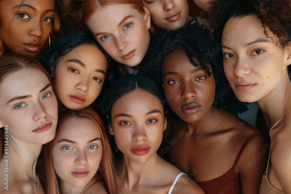 A close-knit group of women of different ethnicities, their heads touching, smiling confidently into the camera, showcasing unity and diversity. A close-knit group of women of different ethnicities, their heads touching, smiling confidently into the camera, showcasing unity and diversity.