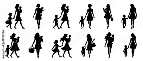 Strong working woman holds her child silhouette black filled vector Illustration icon