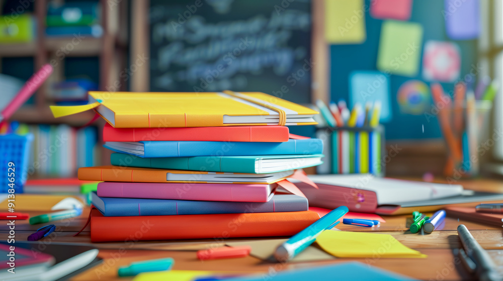 A colorful stack of books and notebooks on a cluttered desk in a busy classroom with a chalkboard in the background. A colorful stack of books and notebooks on a cluttered desk in a busy classroom with a chalkboard in the background.