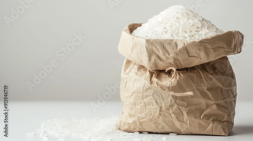 White Rice Stored in Brown Eco Paper Bag on a Pristine White Surface photo