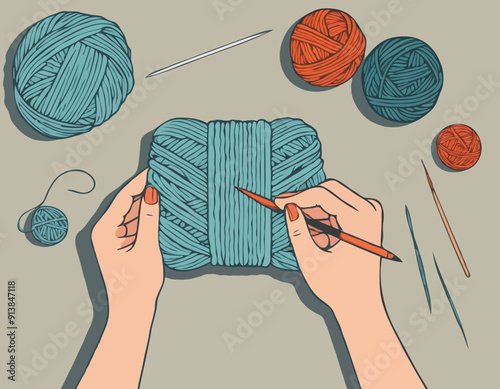 Knitting process, top view on hands holding needles