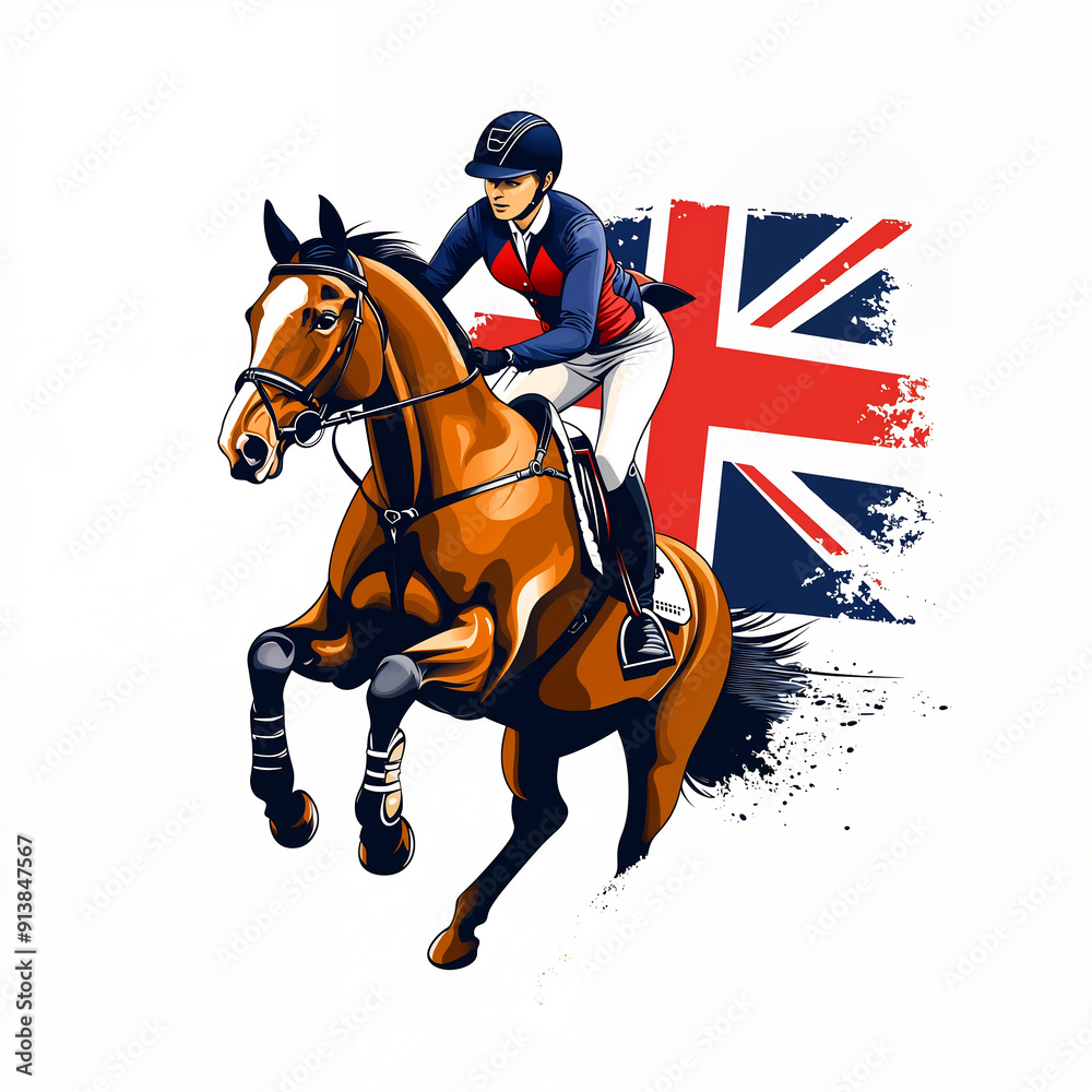 Vector Style Illustration of Equestrian Athlete and Horse with UK Flag Background. Vector Style Illustration of Equestrian Athlete and Horse with UK Flag Background.