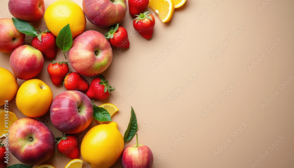 Fresh Fruit Flat Lay: Apples, Oranges, Lemons, and Strawberries on Beige Background Fresh Fruit Flat Lay: Apples, Oranges, Lemons, and Strawberries on Beige Background