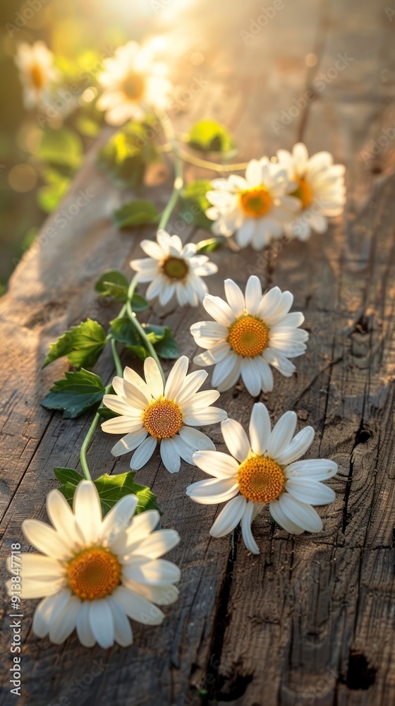 Obraz premium Beautiful white chamomile flowers lying on rustic wooden boards in warm sunlight