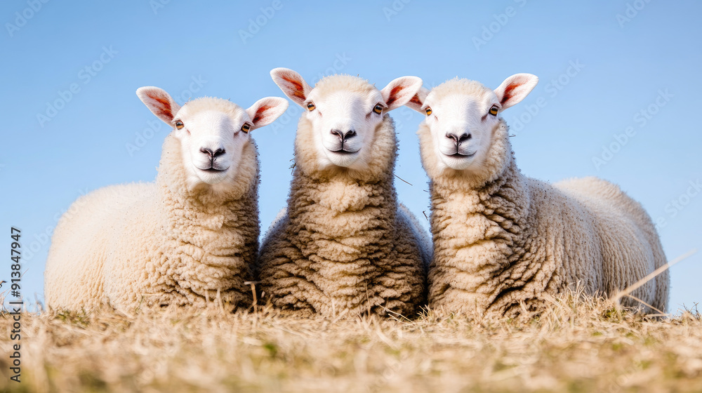 Obraz premium Three adorable sheep relax together in a sunny field, showcasing their fluffy coats and charming expressions against a clear blue sky.