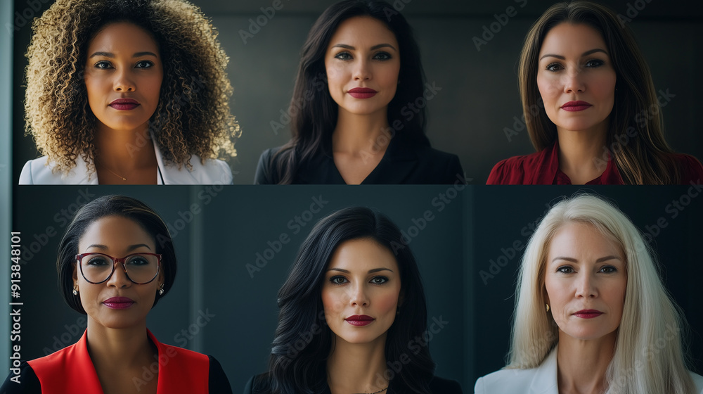 Office scene of an interracial group of strong executive women for Women's Day and Labor Day.