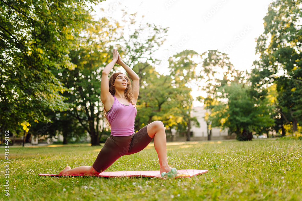 Woman outdoors in the park goes in for sports in sports mat in the background a meadow and trees. Active Lifestyle. Woman outdoors in the park goes in for sports in sports mat in the background a meadow and trees. Active Lifestyle.