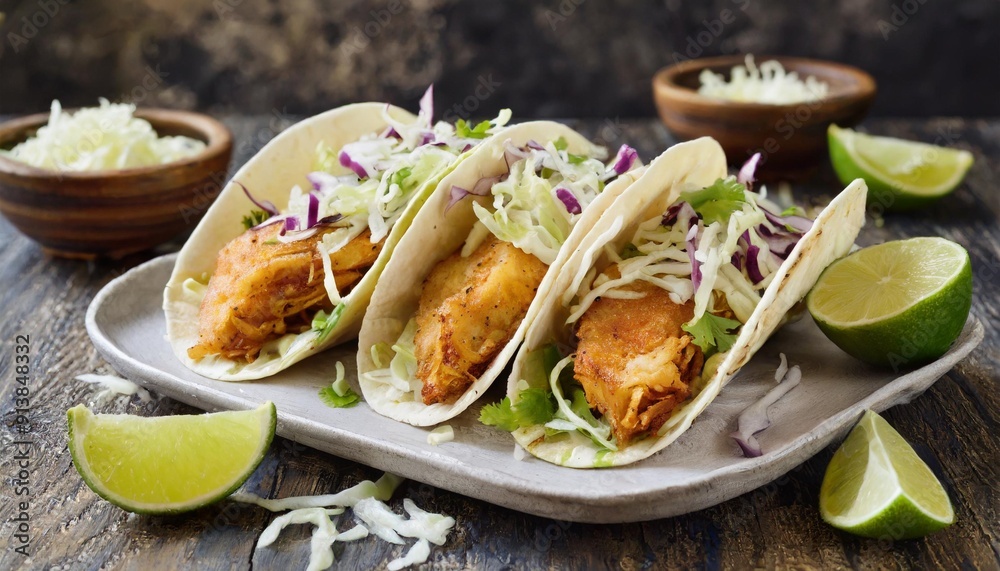 Crispy Fish Tacos with Cabbage Slaw and Lime Crispy Fish Tacos with Cabbage Slaw and Lime