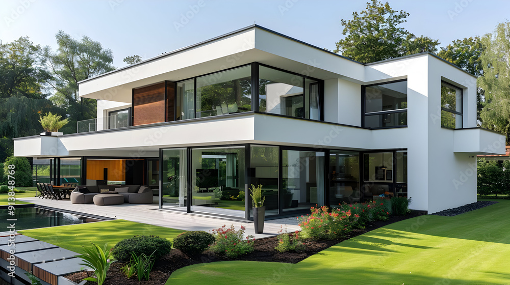 Modern White House with Large Windows and Pool Photo