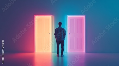 Silhouette of a person standing between two doors, each glowing with different colors, symbolizing the challenge of making a moral decision