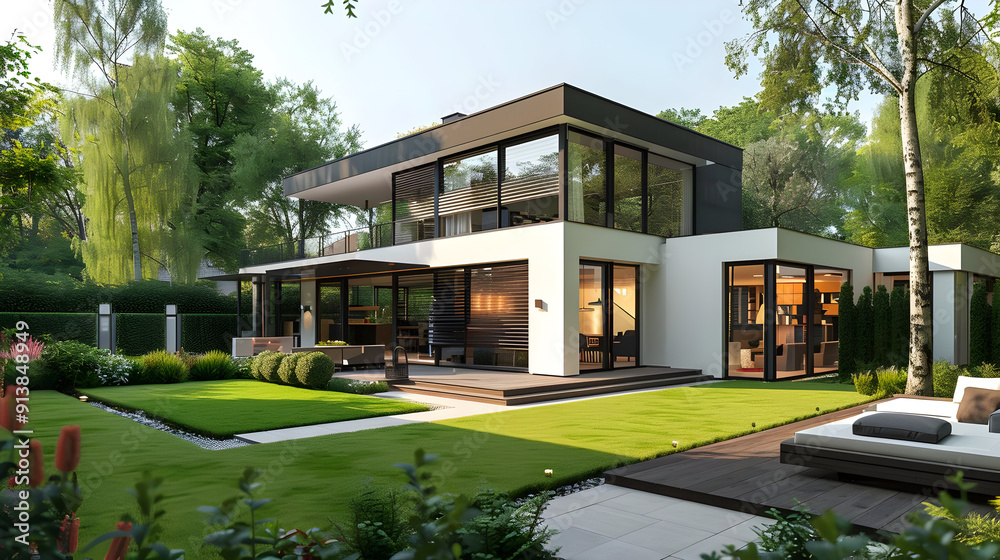 Modern Home with Backyard Patio - 3D Illustration