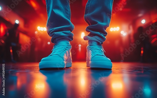 Closeup of Legs Dancing Hip-Hop with Energetic Stance and Vibrant Colors Under Indoor Lighting