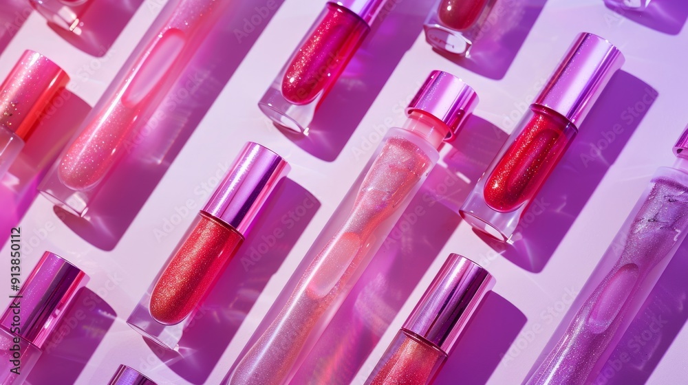Lip gloss tubes laying on a vibrant pink surface Lip gloss tubes laying on a vibrant pink surface