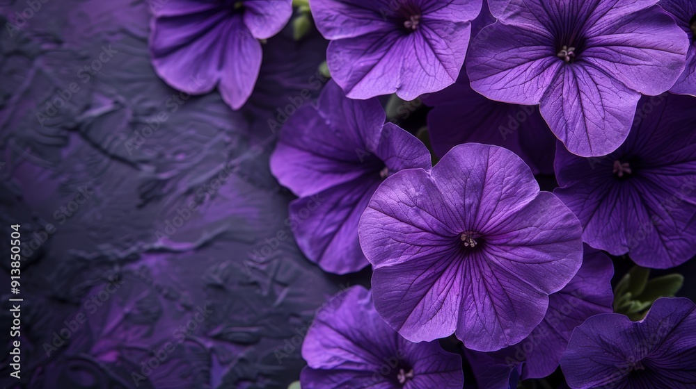 Purple flowers sit atop a tablecloth, their hue matching Black backdrop Flower arrangement features a single purple bloom in the center Purple flowers sit atop a tablecloth, their hue matching Black backdrop Flower arrangement features a single purple bloom in the center