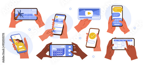 Diverse people hands holding smartphones and using various apps like social media, chats and messengers. Vector illustration.
