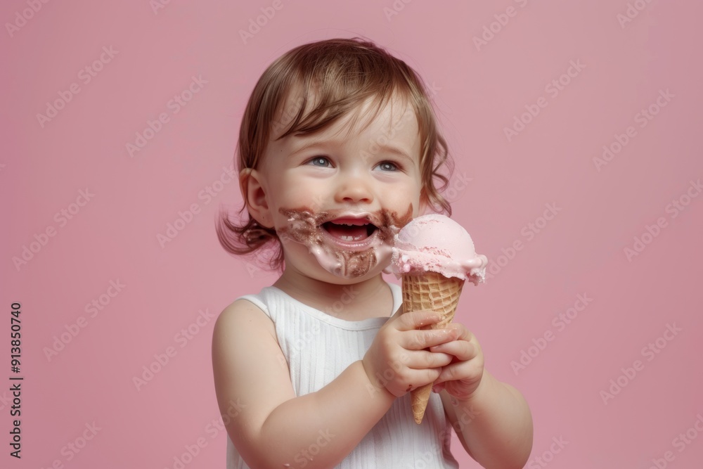 Kid enjoys the creamy goodness of ice cream. Adorable young infant brown hair beams cheerful smile. Radiant joy and pure happiness simple expression of child. Kid enjoys the creamy goodness of ice cream. Adorable young infant brown hair beams cheerful smile. Radiant joy and pure happiness simple expression of child.