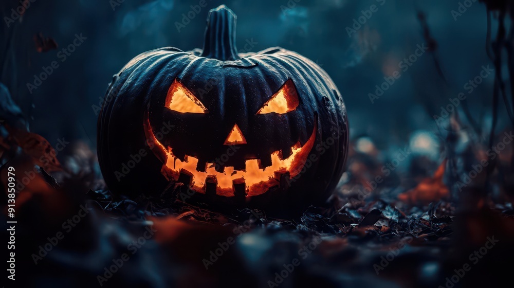 Naklejka premium Halloween jack-o'-lantern, vibrant colors, spooky scenes, close-up, inviting