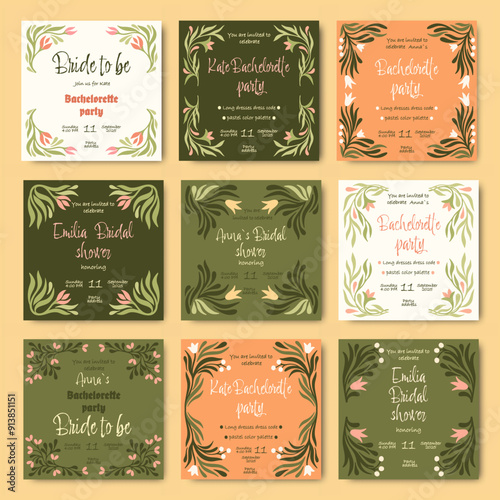 Vintage floral templates for Bachelorette party. Bridal shower invitations. Vector.