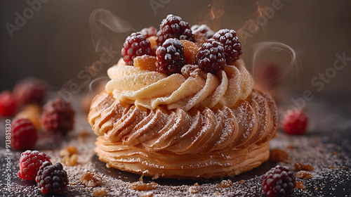Aigenerated image of dessert inspired ParisBrest Pierre Herm Paris famed for its choux pastry and praline cream Infuse it with a touch of Michelinstarred finesse and wishes for gastronomic excellence