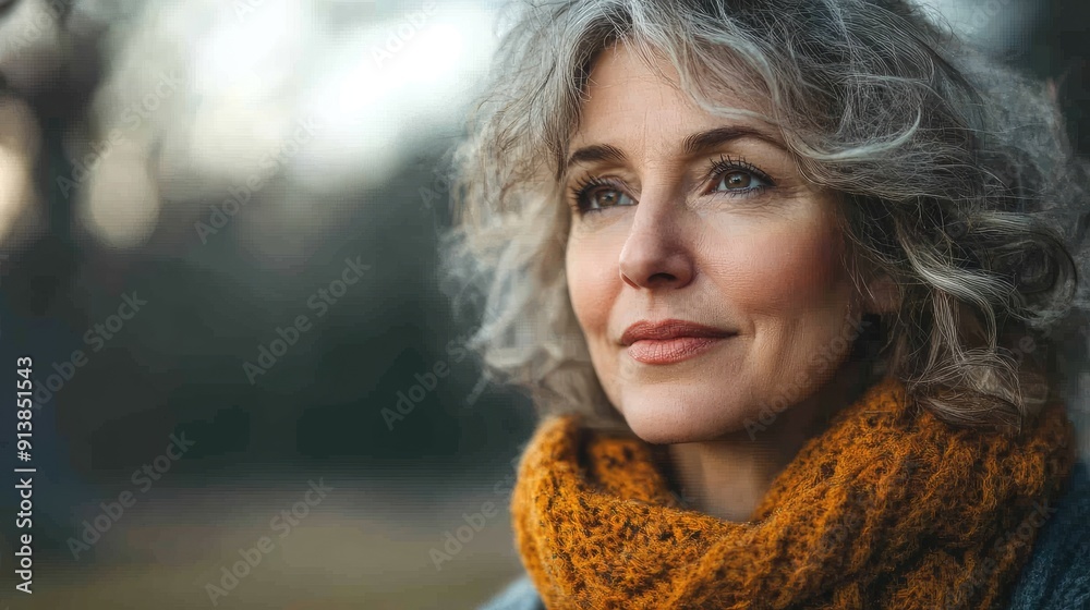Serene mature woman with grey hair and yellow scarf is posing in autumn park Serene mature woman with grey hair and yellow scarf is posing in autumn park