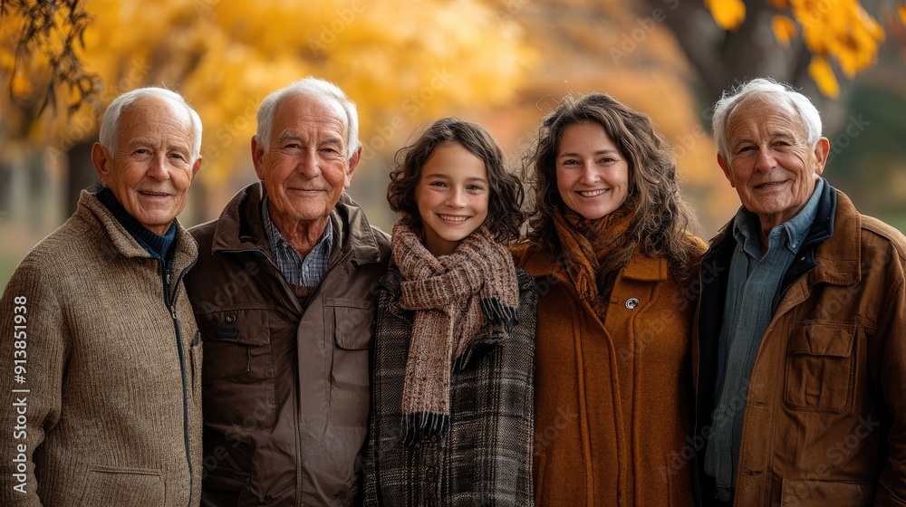 Three generation family smiling together outdoors in autumn Three generation family smiling together outdoors in autumn