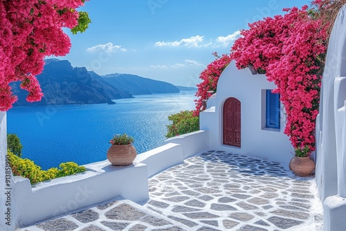 Whitewashed patio overlooking aegean sea with blooming bougainvillea in santorini, greece photo