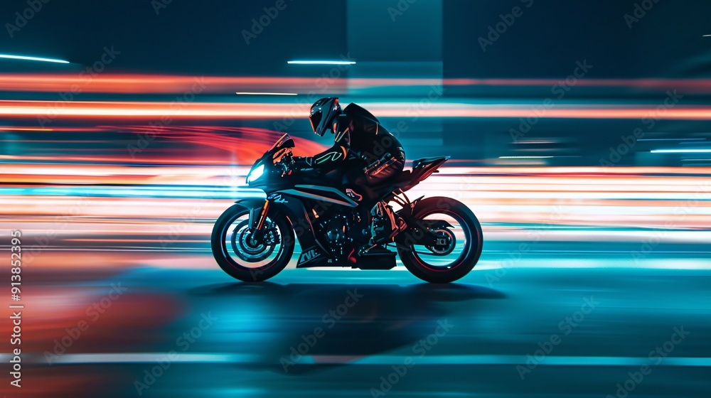 Fototapeta premium Motorcyclist Riding Fast at Night in the City