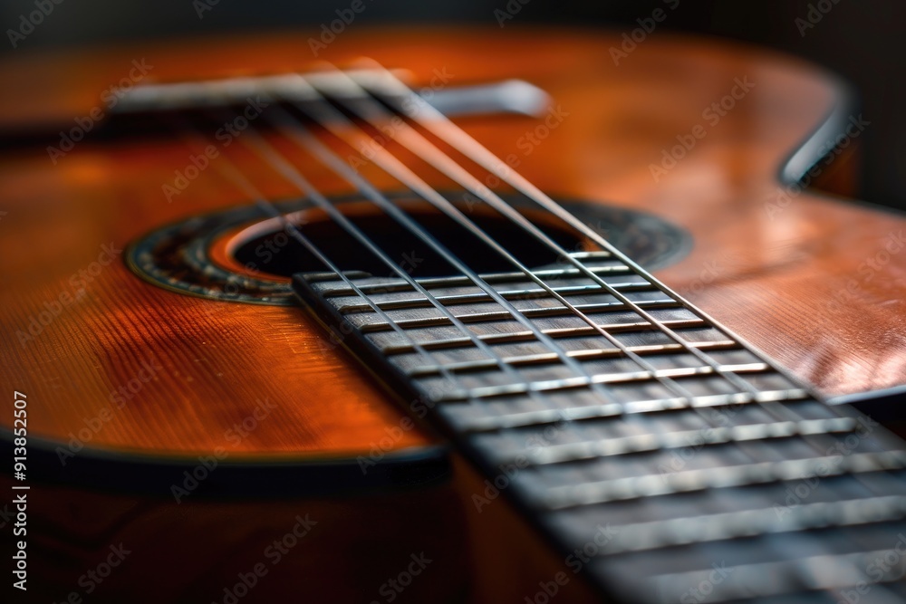 Acoustic guitar with focus on sound hole and strings Acoustic guitar with focus on sound hole and strings