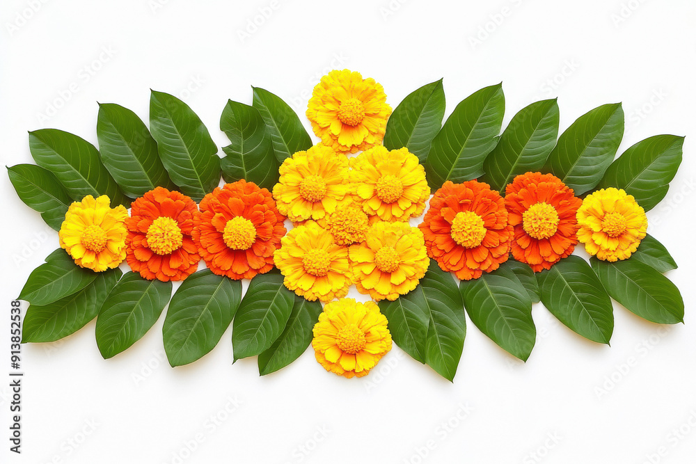 Obraz premium marigold flowers and mango leaves rangoli designs on white background