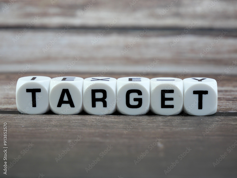target wording or text on white dice with black wooden background.Copy space and business concept. target wording or text on white dice with black wooden background.Copy space and business concept.
