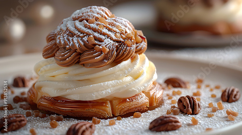 Aigenerated image of dessert inspired ParisBrest Pierre Herm Paris famed for its choux pastry and praline cream Infuse it with a touch of Michelinstarred finesse and wishes for gastronomic excellence