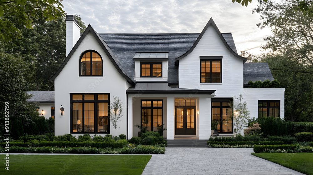 Modern white house with black accents and a grey roof, surrounded by lush greenery. Modern white house with black accents and a grey roof, surrounded by lush greenery.