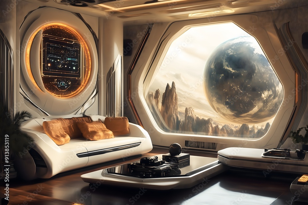 Fototapeta premium A futuristic and technologically advanced living room overlooking a foreign and unknown planet