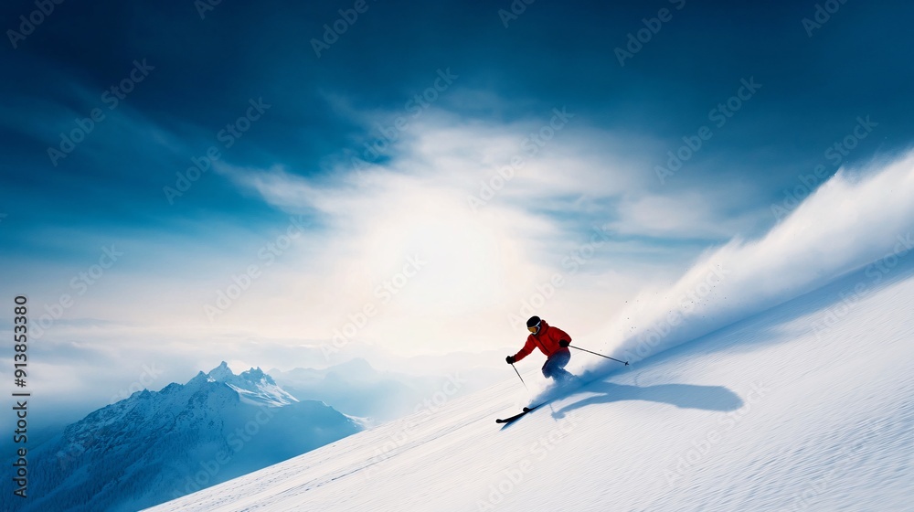 Skier on Snowy Mountain Slope at Sunrise Skier on Snowy Mountain Slope at Sunrise