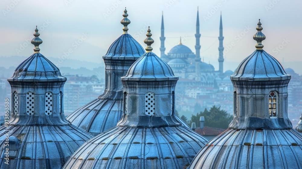  A group of blue domes atop a building overlooking a city background