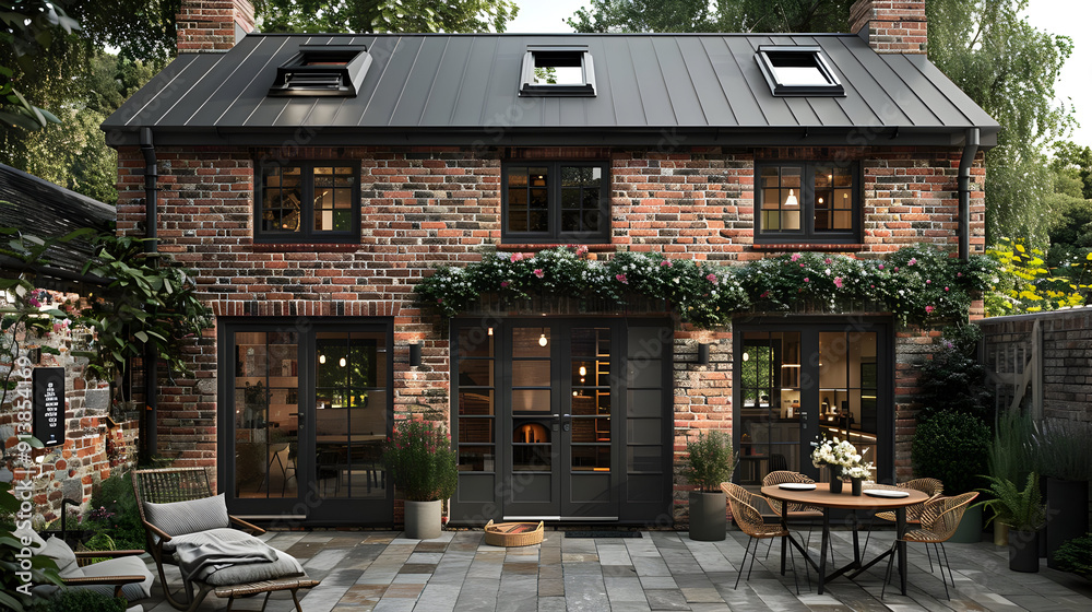 Brick House with Black Roof and Patio - 3D Illustration Brick House with Black Roof and Patio - 3D Illustration