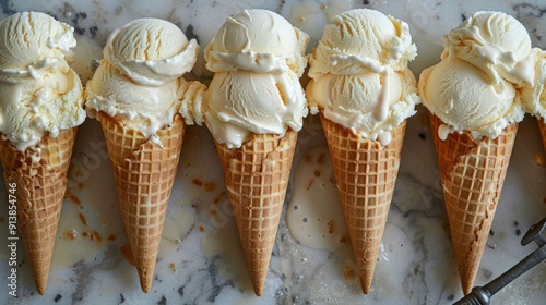Delicious vanilla ice cream melting in waffle cones on marble background