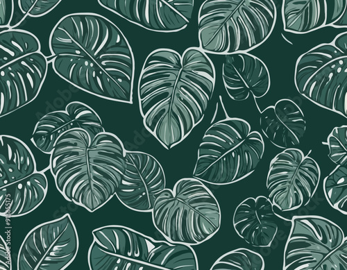 Abstract simple background with monstera leaves line arts