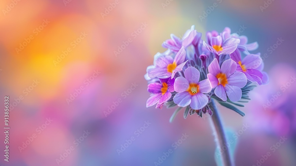 A cluster of purple blossoms atop a fusion of purple and yellow floral stem against an indistinct backdrop A cluster of purple blossoms atop a fusion of purple and yellow floral stem against an indistinct backdrop